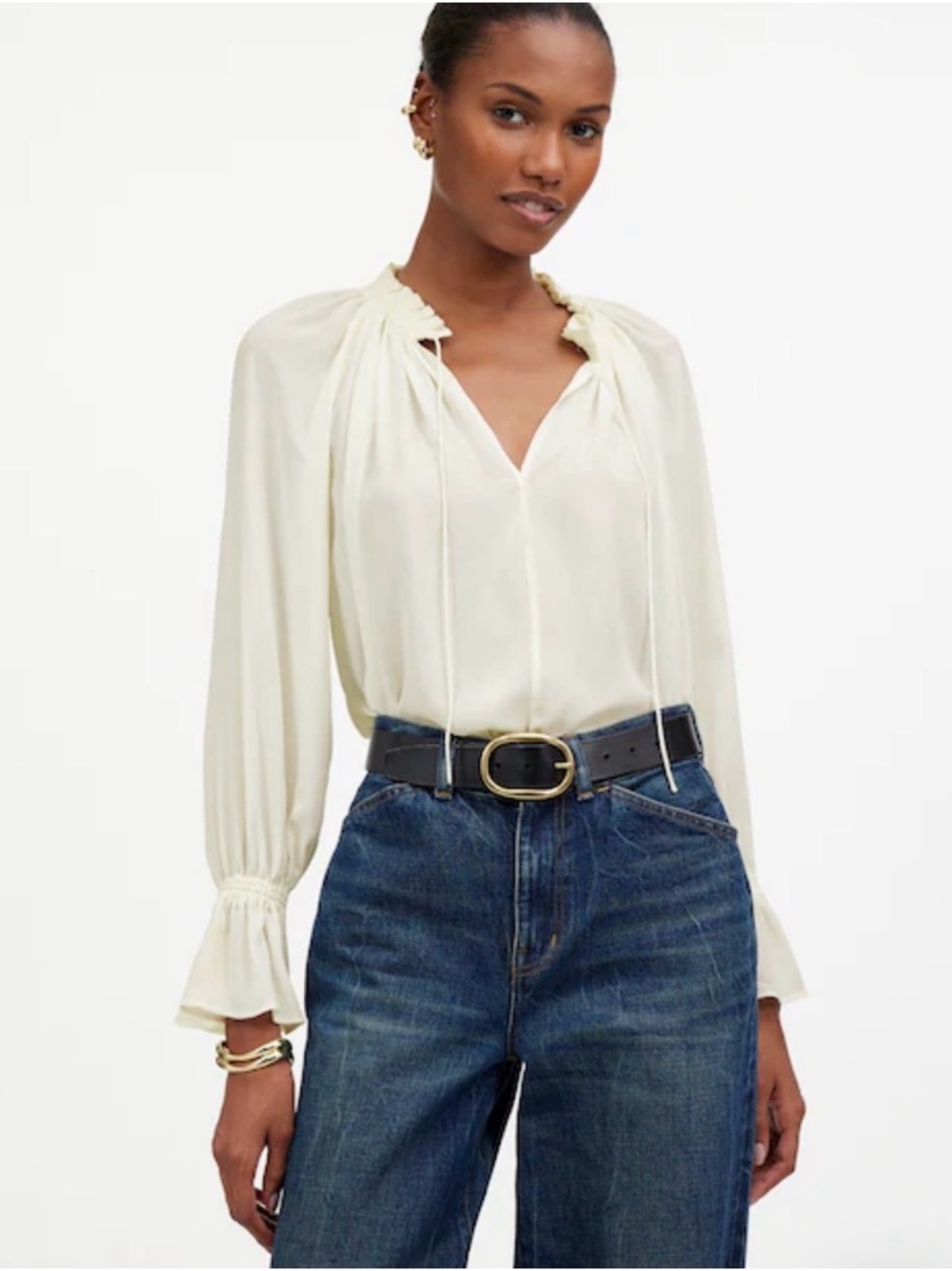New! Madewell Long-Sleeve Tie-Neck Top Oversized.